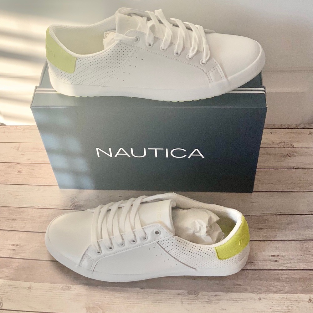 Nautica Esmae White/Lime Leather Sneakers NIB